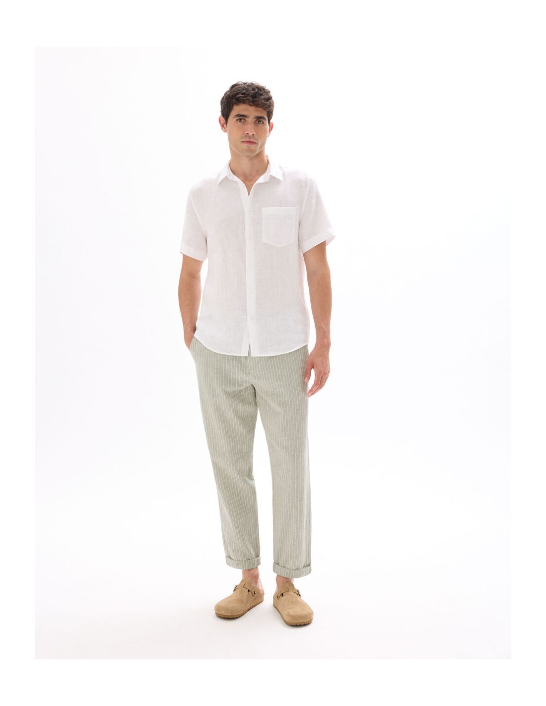 Pantalon straight rayé en lin et coton Pantalon straight rayé en lin et coton