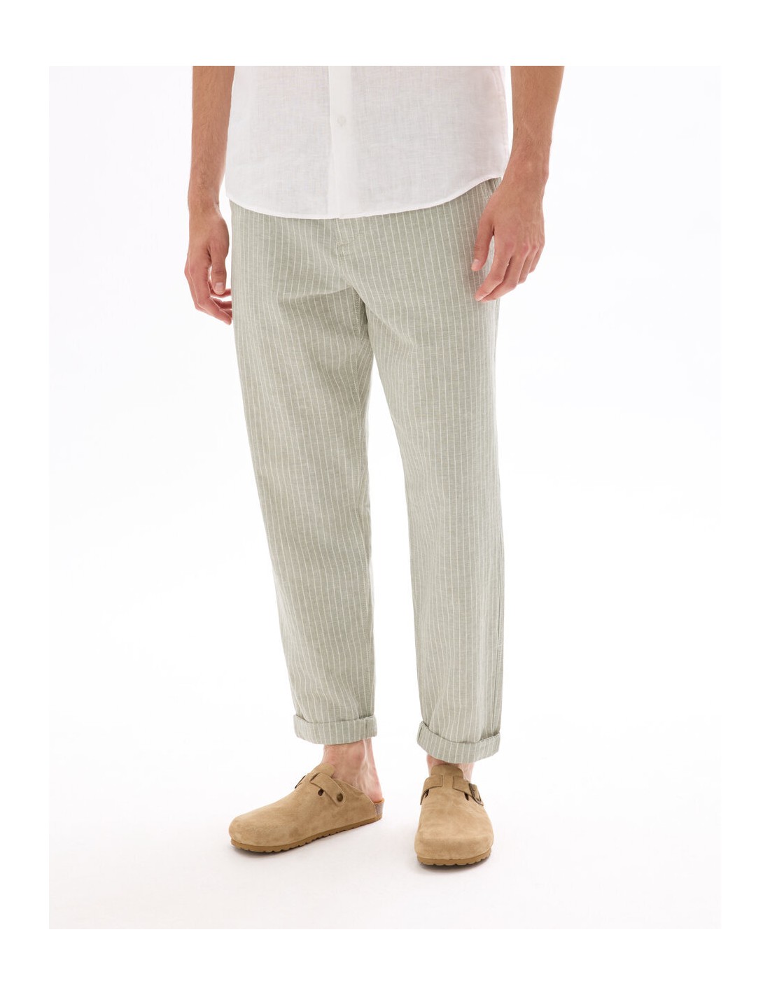 Pantalon straight rayé en lin et coton Pantalon straight rayé en lin et coton