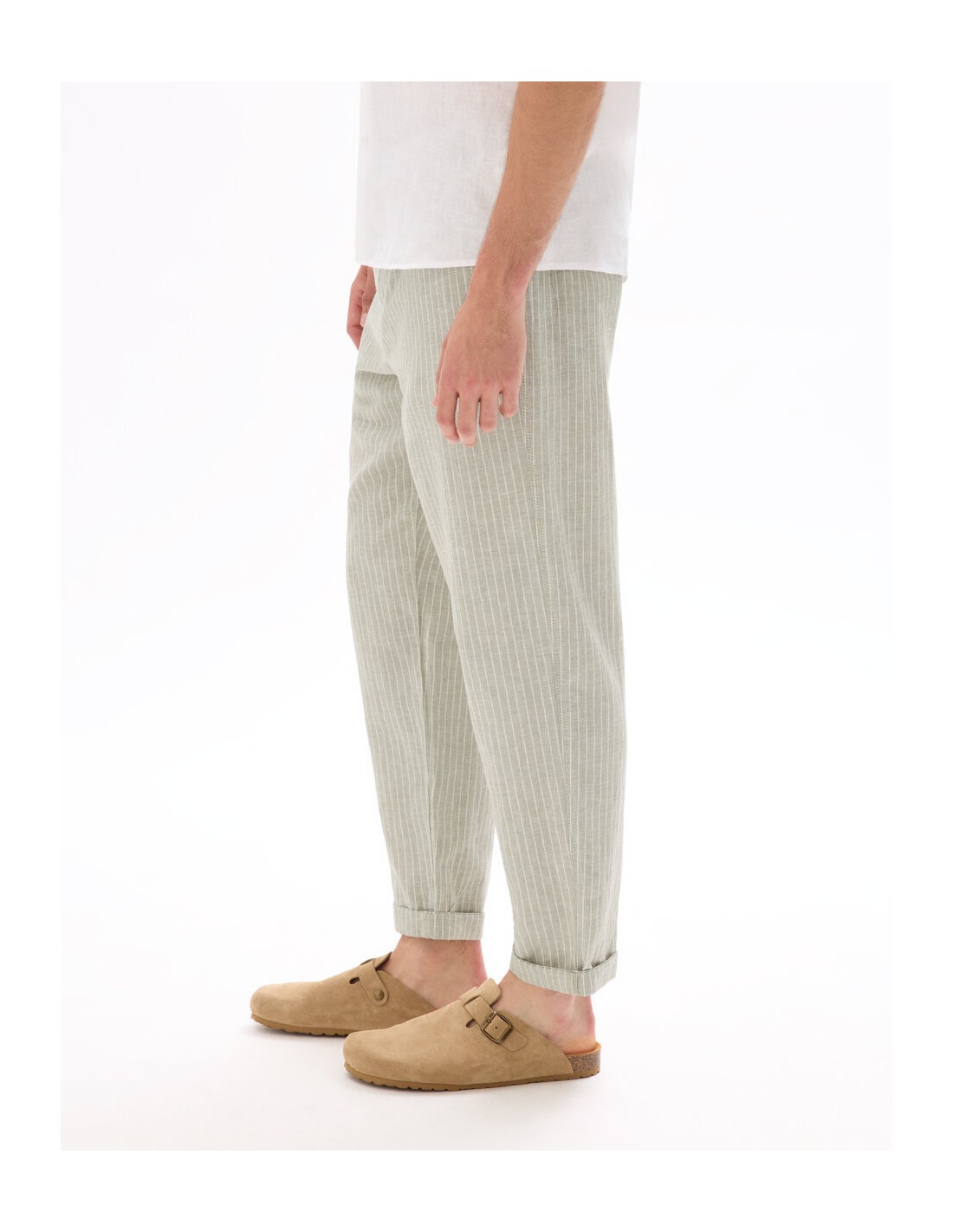 Pantalon straight rayé en lin et coton Pantalon straight rayé en lin et coton